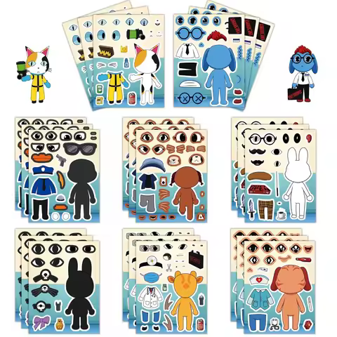 8Pcs/Set Animal Hospital Puzzle Anomaly Stickers Make a Face DIY Games Cartoon Assemble Jigsaw Child