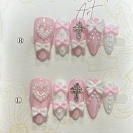 Y2K Gyaru Cute Pink White Almond Handmade Press On Nails 3D Bow Pearl Heart Cross Jirai Fake Nails Y