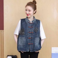 denim vest denim vest woman denim suit woman Retro Ethnic Denim Vest - Autumn Fashion for Women