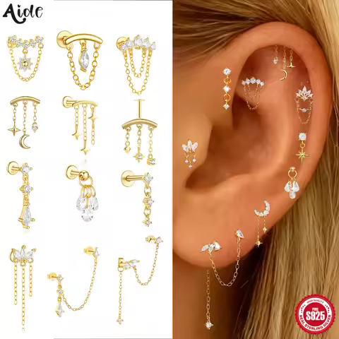 Aide Designed for vertical helix piercings 925 Silver Helix Chain Earring 18K Plated Star Dangles Th