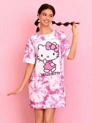 HELLO KITTY AND FRIENDS | SHEIN 粉色染色寬鬆T恤連衣裙，特色卡通和字母印花，掉肩設計