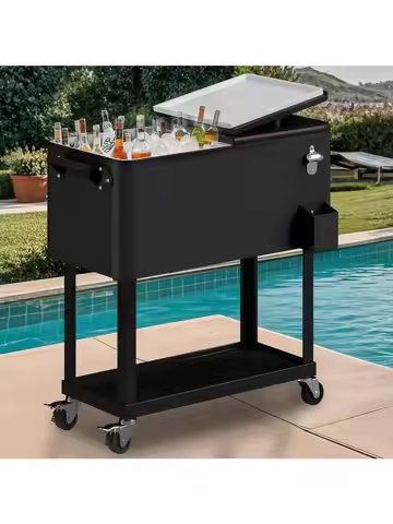 Ice Chest with Wheels,80 Quart Rolling Cooler with Bottle Opener Drainage, Patio Cooler Cart, Rollin