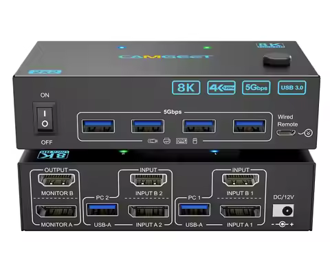 4K@144Hz KVM Switch 2 Monitors 2 Computers 8K@60Hz,HDMI + Displayport Dual Monitor KVM with 4 USB 3.