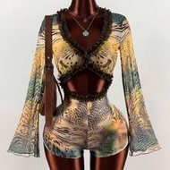 Vintage Leopard Print Sheer Low-Cut Sexy Jumpsuit Dune Rave Outfit Desert Festival Outfit Boho Women