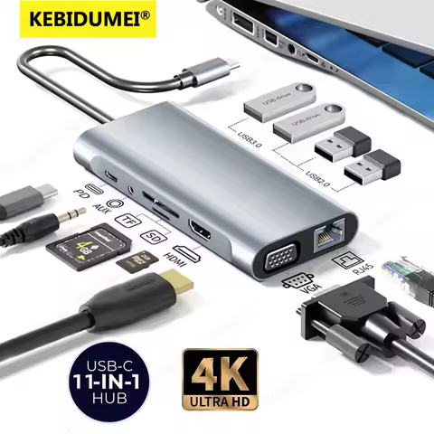 KEBIDUMEI 11 Ports USB C HUB Docking Station RJ45 Adapter to HDMI-Compatible 4K VGA SD/TF Card 3.5MM