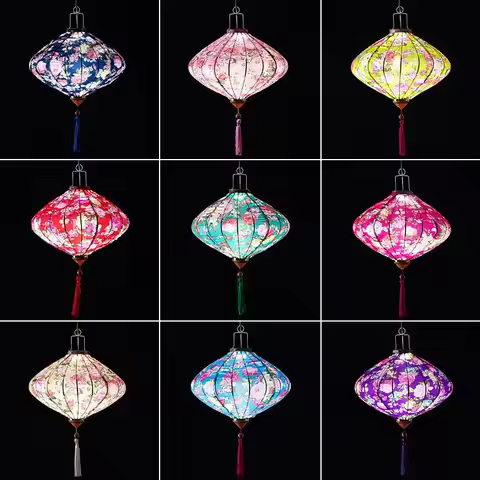 12/14 inch Oriental Style Palace Lantern Cloth Silk Floral Pattern Lantern Vietnam Mid Autumn Spring
