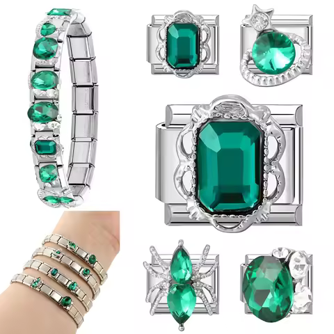 Fashion Bright Zircon Gems Emerald Italian Charm Links Fit 9mm Stainless Steel Bracelet Women Men DI