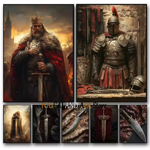 King Arthur and Excalibur Sword in The Stone Sikh Kirpan Sword Excalibur Hilt Poster Canvas Painting
