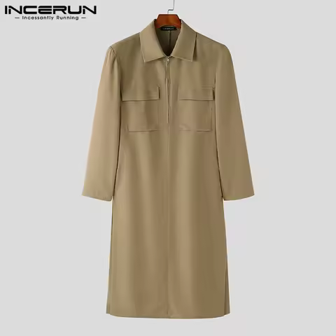 INCERUN Men Casual Coats 2026 Simple Solid Pockets Male Trench Zipper Long Sleeve Tops Solid Elegant