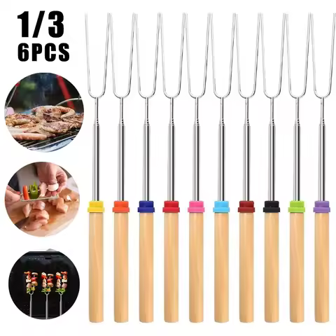 Telescoping Campfire Forks 32 Inch Stainless Steel BBQ Grill Skewer Marshmallow Roasting Sticks Picn