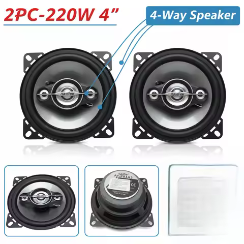2-Pack 4-inch Car Speakers, 12V 220W Maximum Power, 4-Way Speaker with Buzzer Tweeter, Free Dust Cov
