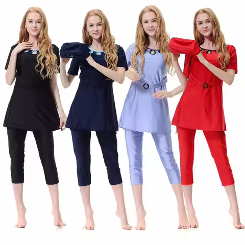 Middle East Muslim Swimwear Women Modest Elastic Solid Hijab Short Sleeves Swimsuit Arab Islamic Bur
