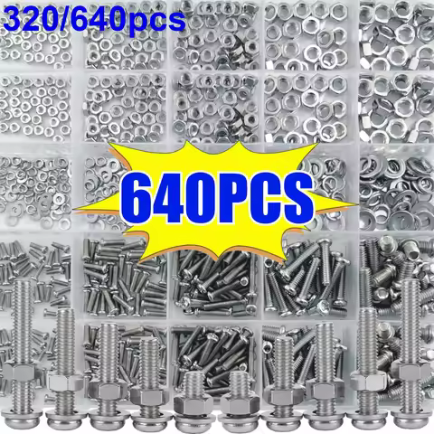 Combination sets of lock nuts and bolts, flat washers and spring washers in sizes M2-M5 for small an