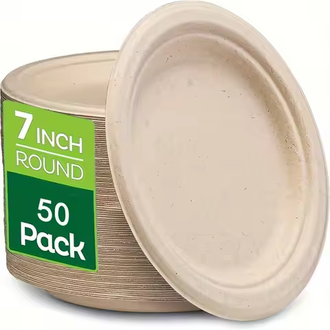 50 Pack Disposable Sugarcane Fiber Biodegradable Paper Plates for Food Service, Break-Resistant, Mic