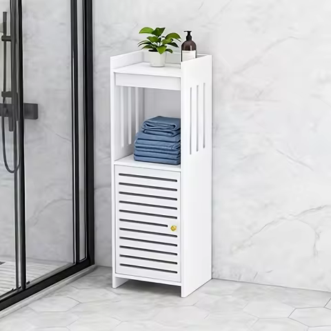 White Bathroom Slim Gap Storage Cabinet with Rotatable Toilet Paper Holder, Narrow Space Organizer f
