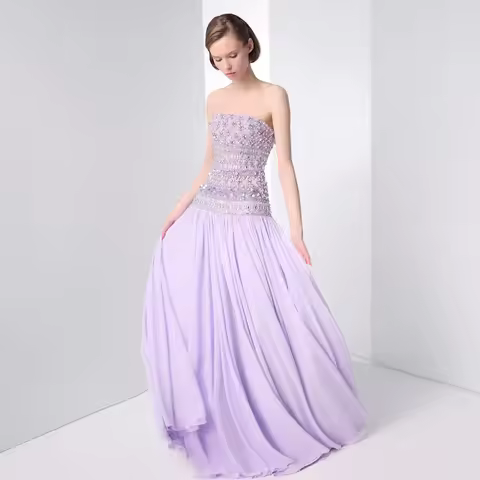 Sharon Said Elegant Strapless Lilac Beaded Bodice Evening Dress with Flowing Skirt Chiffon Dubai Wed