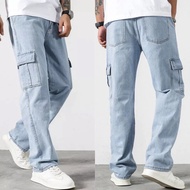 Korean Men's Cargo Pants Straight Jeans Bag 2025 New Casual Wide-Leg Seluar Cargo Lelaki