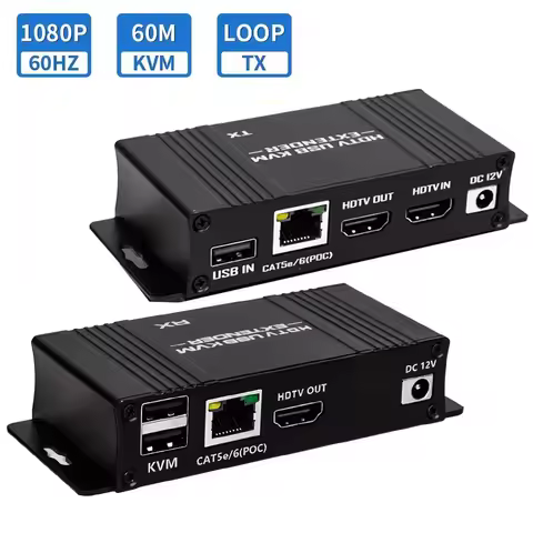 60M KVM Extender over Cat6 1080P USB KVM Ethernet Extender Transmitter with Loop out USB Keyboard Mo