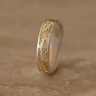 Cincin Terbuka Retro Pepejal 999 Cincin Sutra Hati Perak Tulen Bersalut Emas Gaya Cina Corak Rumput 