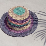 限量一件 手工編織棉麻帽/編織帽/漁夫帽/遮陽帽/草帽 - 藍莓 冰淇淋條紋 手織帽