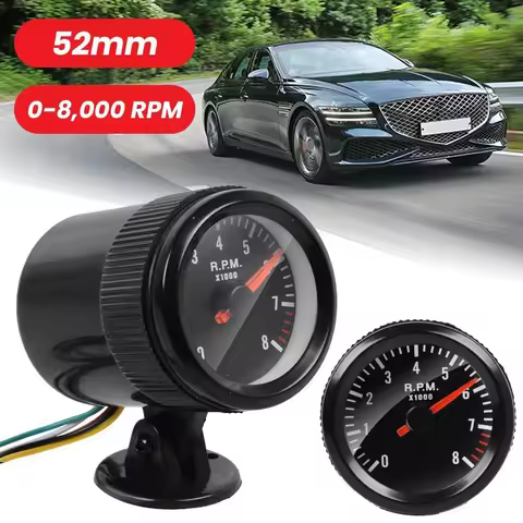 2 inch 52mm Tachometer Gauge Meter with LED Lighting and RPM Range up to 8000 Designed for Cars and 