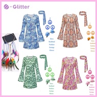 ℔ ♙ ♟ Retro Outfit For Woman 60s 70s 80'S Hippie Costume Dresses Headband Glasses Necklace Earrings