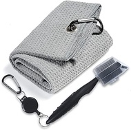 ELKPACE Golf Towel, Microfiber Golf Towels with Waffle Pattern Tri-fold Golf Accessories for Men | Golf Brush Tool kit | Grey Golf Towel | Golf Towels for Golf Bags with Clip (Grey) (Grey)