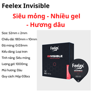 Bao cao su Feelex Invisible siêu mỏng nhiều gel bôi trơn hương dâu - Hộp 03 bcs