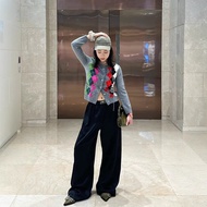 XSUZ GAN* Embroidered Round Neck Knitted Stretch Argyle Thin Sweater Cardigan Coat