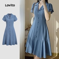 Lovito Elegant Dress Ruffle Button Spring/summer Blue Dress for Women LK3ED102 Lovito Kākahu Huatau 