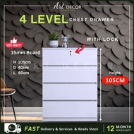 [READY STOCK] 15mm Thick 4 Drawer Chest Drawer with lock | Rak Baju 4 Laci Ikea Putih | Almari Kabin