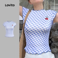 Lovito Casual Tshirt Commute Classic and Versatile Embroidery Spring/summer Blue Tshirt for Women L1