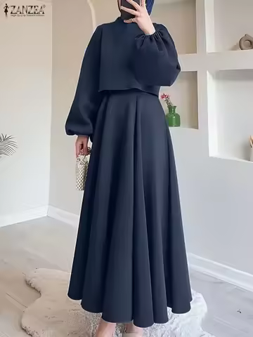 ZANZEA Women 2025 Autumn Matching Sets Office Outfits Elegant O Neck Long Sleeve Dress Sets Solid Cr