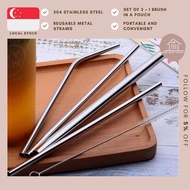 [SG STOCKS] SET OF 3 Stainless Steel Metal Straw/ Bubble Tea Metal Drinking Straw/ With Washing Brush and Pouch