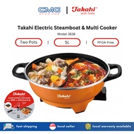 Takahi 3838 Electric Steamboat & Multi-Cooker 1300W-1500W 5L Dual Compartments PFOA-Free Non Stick