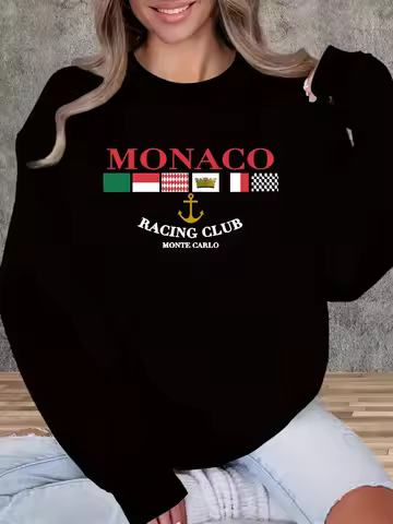 Women's MONACO Print Sweatshirt Female Fashion All-Match Street Hoody Crewneck Casual Hoodies Pullov
