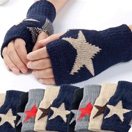 Winter Touchscreen Knitted Gloves Women Men Y2K Star Print Warm Wool Stretch Knit Mittens Imitation Wool Half Finger Fingerless Gloves