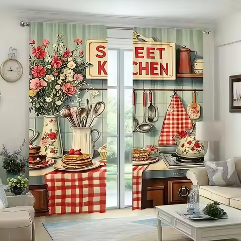 Retro farmhouse kitchen patterned printed curtains, window decorations, home decorations, room decor
