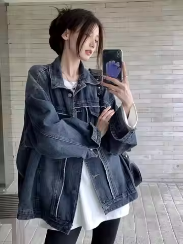 Vintage Hong Kong Style Loose Fit Denim Jacket for Women Spring Autumn New Arrival plus Size Elegant