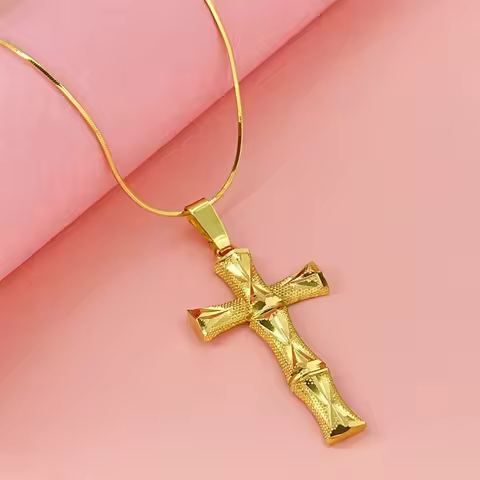 Luxury 24K 9999 Pure Gold real gold Women's Necklace Bamboo Cross Pendant