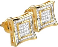 NEW Men's 14K Gold Plated Double Square Kite 2 Tone Screw Back Stud Earring BE 002 TT