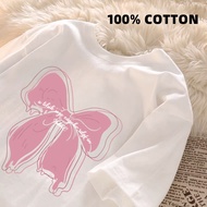 【220G 100%Cotton】Korean style Fashion blouse for women pink Tshirt Bownot print Tshirt 0402