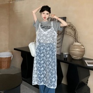 Korean Version Fashion Casual Sexy Lace Dress Women's Slim-fit Gray Round Neck Short-Sleeved Printed T-Shirt+Mid-Length Lace Sling Dress