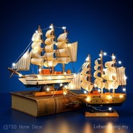 【Ready Stock】Handmade Wooden Ship Model with Light Strip Coastal Table Decoration Miniature Sailing 