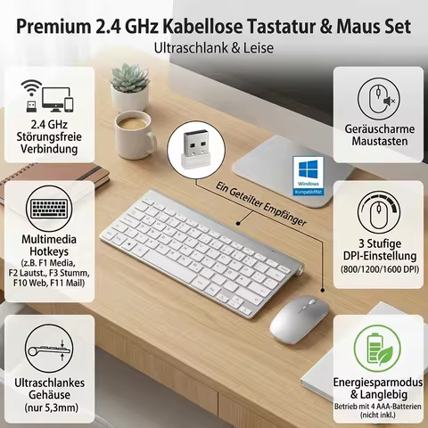 2.4G Wireless German(QWERTZ) Keyboard Mouse Ultra Slim Multimedia Keyboard Mouse Combo Low Noise for