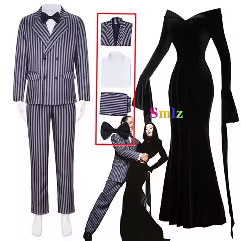 Gomez Addams Cosplay Anime Morticia Costume Dress Halloween Carnival Outfit Adult Kid Coat Shirt Pan