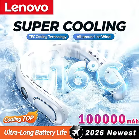 Lenovo HOT 100000mAh Hanging Neck Bladeless Fan Portable Mini USB Rechargeable Mute LED Digital Disp