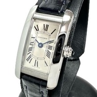 CARTIER Tank Américaine Mini WSTA0032 女士手錶，不銹鋼/皮革石英機芯，銀色錶盤/海軍藍皮革錶帶