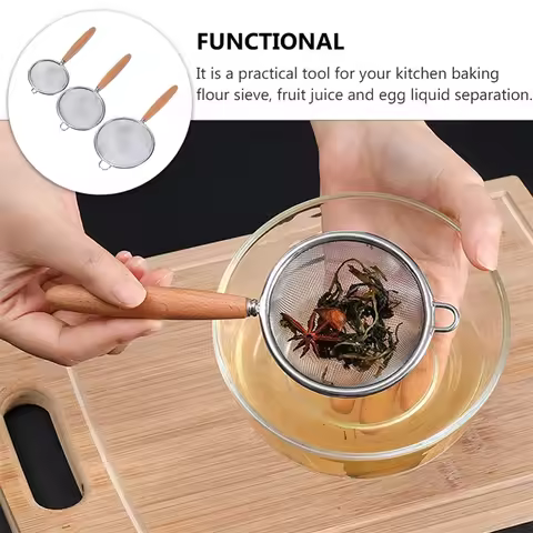 304 Stainless Steel Flour Sieve with Wooden Handle Flour Filter Spoon Household Kitchen Fried Food F