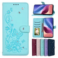 Rhinestones Casing For OPPO A58 A60 A73 A74 A77S A78 A79 A80 A94 A98 Butterfly Print Leather Phone C